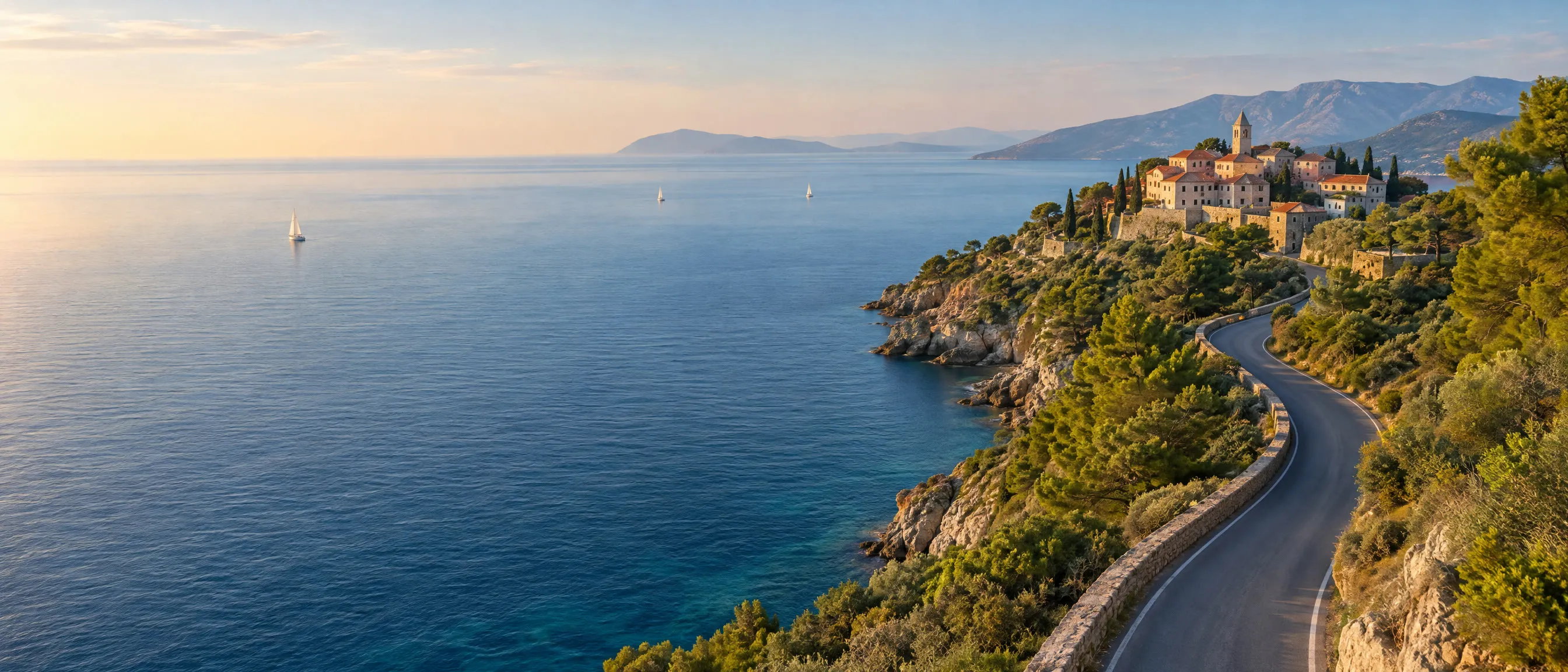 Une route côtière sinueuse qui mène vers un village perché au bord de la mer