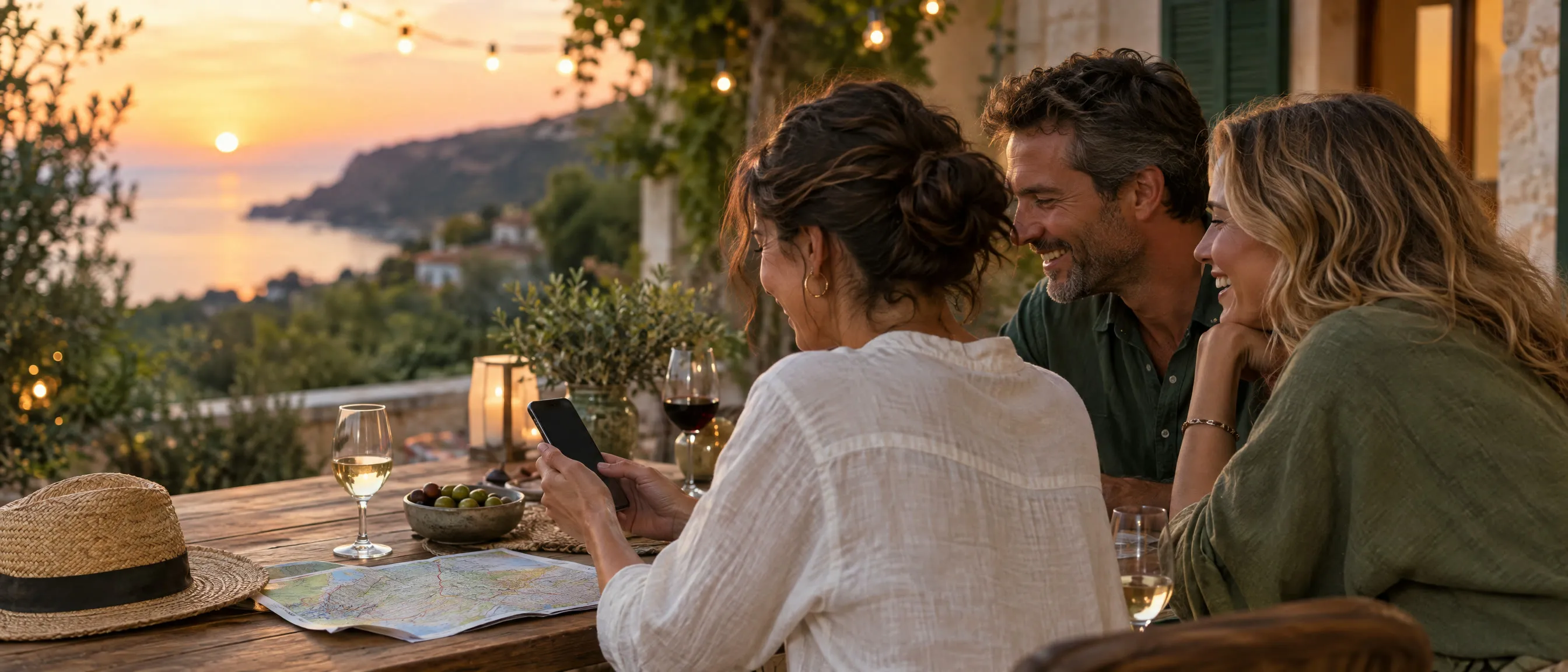 Des amis réunis autour d’un téléphone, au retour du voyage