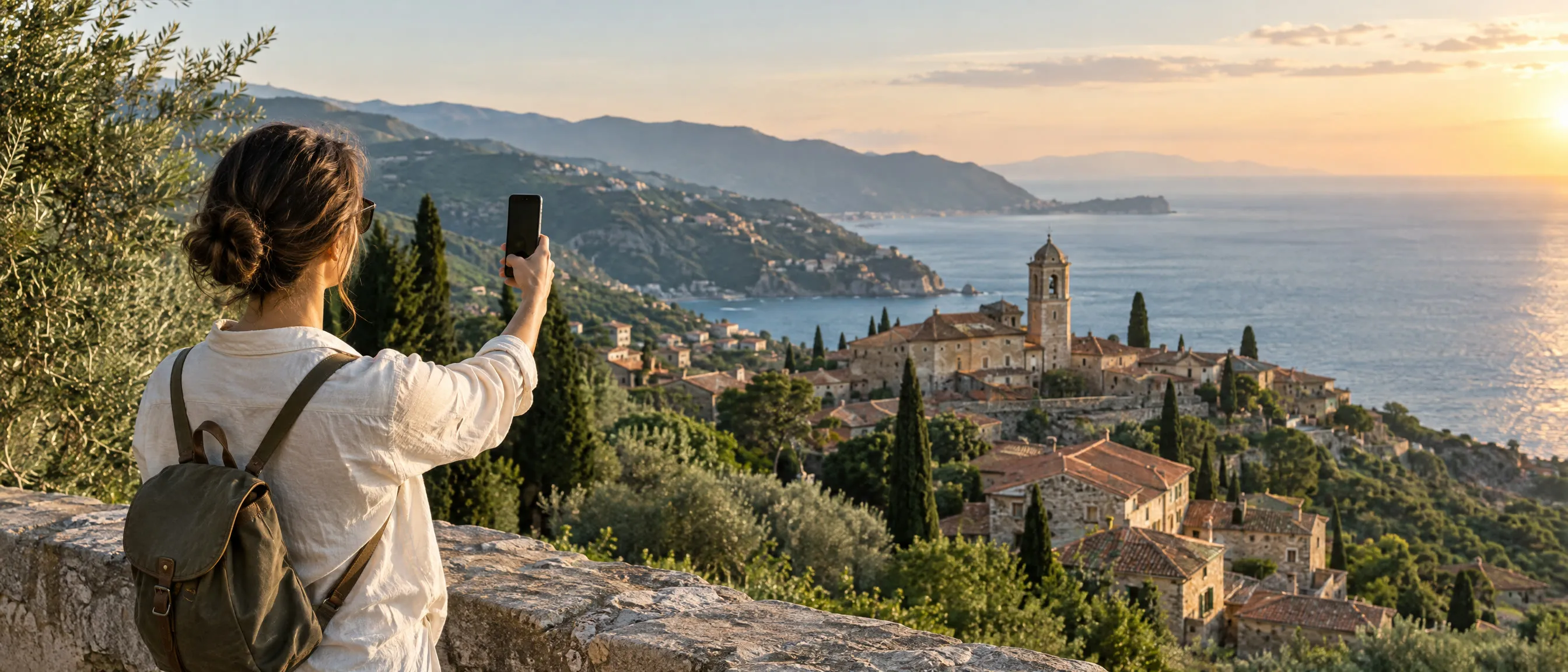 Un voyageur pointe son téléphone vers le paysage
